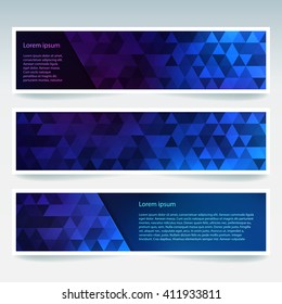 Set of banner templates with abstract background. Modern vector banners with triangle background. Dark blue color. 