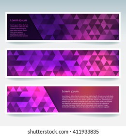 Set of banner templates with abstract background. Modern vector banners with triangle background. Pink, purple colors. 