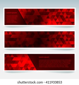 Set of banner templates with abstract background. Modern vector banners with triangle background. Red color. 