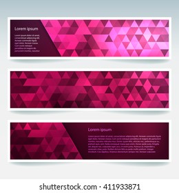 Set of banner templates with abstract background. Modern vector banners with triangle background. Pink, purple, red colors. 
