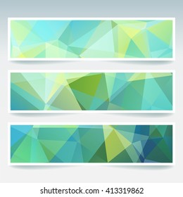 Set of banner templates with abstract background. Modern vector banners with polygonal background. Light green, blue colors. 
