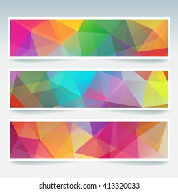 Set of banner templates with abstract background. Modern vector banners with polygonal background. Blue, red, orange, yellow, pink colors. 