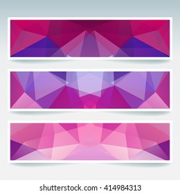 Set of banner templates with abstract background. Modern vector banners with polygonal background. Pink, purple, blue colors. 
