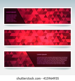 Set of banner templates with abstract background. Modern vector banners with polygonal background. Dark red color. 