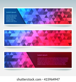 Set of banner templates with abstract background. Modern vector banners with polygonal background. Pink, blue, purple colors. 