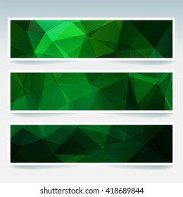 Set of banner templates with abstract background. Modern vector banners with polygonal background. Dark green color. 