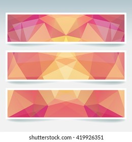 Set of banner templates with abstract background. Modern vector banners with polygonal background. Yellow, orange, pink colors. 