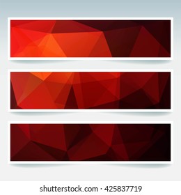 Set of banner templates with abstract background. Modern vector banners with polygonal background. Red, orange colors. 
