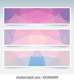 Set of banner templates with abstract background. Modern vector banners with polygonal backdrop. Pink, blue colors. 