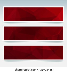 Set of banner templates with abstract background. Modern vector banners with polygonal backdrop. Red color. 