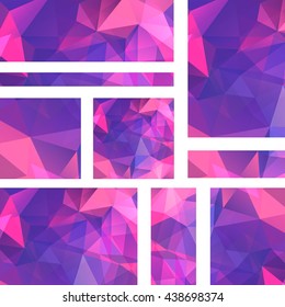 Set of banner templates with abstract background. Modern vector with polygonal backdrop. Pink, purple, violet, blue colors. 
