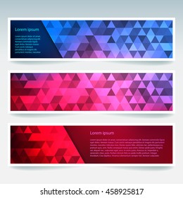 Set of banner templates with abstract background. Modern vector banners with polygonal background, Pink, red, blue colors. 