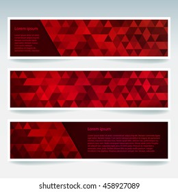 Set of banner templates with abstract background. Modern vector banners with polygonal background. Red color. 