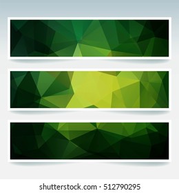 Set of banner templates with abstract background. Modern vector banners with polygonal background. Green color. 