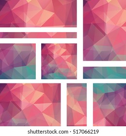 Set of banner templates with abstract background. Modern vector banners with polygonal background. Pink, green, orange colors. 