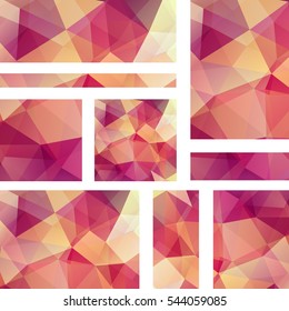 Set of banner templates with abstract background. Modern vector banners with polygonal background. Red, orange, pink, purple, yellow colors. 