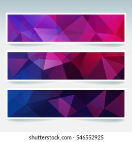 Set of banner templates with abstract background. Modern vector banners with polygonal background. Pink, purple, blue colors. 