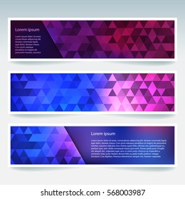 Set of banner templates with abstract background. Modern vector banners with polygonal background. Blue, pink, purple colors. 