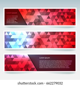 Set of banner templates with abstract background. Modern vector banners with polygonal background. Red, blue, orange colors.