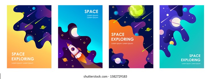 Set of banner templates. Abstract universe. Colorful flyers. Space trip. Design. Vector illustration