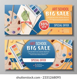Set of banner templates for art school, studio, course, classroom, education. Back to school sale vector background with art paints, brushes and palette. 