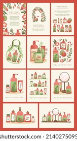 Set of banner templates for branding, packaging, website. For natural, organic cosmetics, spa, beauty, cosmetic. Vector flat illustrations of jars, tubes, bottles, flowers, green plants, herbs. 