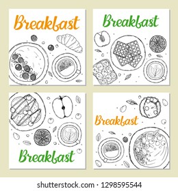 Set of banner templates. Breakfasts ingredient top view. Food elements collection. Hand drawn vector illustration. Menu, flyer with modern style lettering