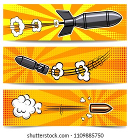 Set of banner templates with comic style bomb, bullet. Design element for poster, card, flyer. Vector image