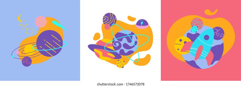 Set of banner templates. Design concept of universe, space trip. Shape composition with symbol of astronomy. Modern flat vector illustration