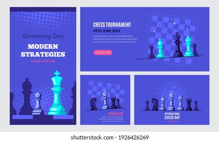 Set of Banner Templates of Different Sizes. Chess Club, Chess Tournament, International Chess Day, Online Chess Streaming