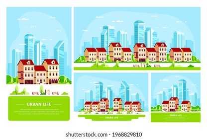 Set of Banner Templates of Different Sizes. Urban landscape, town street with townhouses and scyscrapers on background. Modern city. Flat style vector illustration.