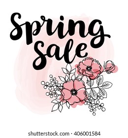 Set of banner templates with hand drawn ink brush lettering "spring sale" with spring flowers: magnolia, wild rose. Vector calligraphy for your print or web design: discount cards, banner or tags.