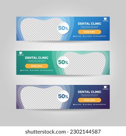 Set of banner templates for health care and dental care medical clinic . Abstract blue wave shape frame with photo collage.