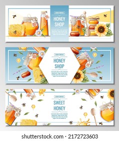 Set of banner templates with honey products. Honey shop.Illustration of a jar of honey, honeycombs, bees, flowers. Design for label, flyer, poster, advertising.