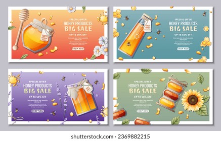 Set of banner templates for honey shop. Honey jar with flowers, bees and honeycombs. Honey products from wild flowers. Discount flyer, background, poster for advertising. Natural, healthy product