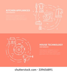 Set of banner templates with kitchen utensils and household appliances. Isolated on backgrpund and easy to use household equipment design element.