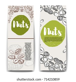 Set of banner templates with nuts. Cashew, hazelnut, walnut, pistachio, pecan nuts.  Design elements for menu, banner, flyer. Vector illustration