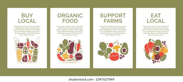 Set of banner templates with organic, healthy, vegan, local food. Eco bag, basket, bowl with fresh vegetables, veggies. Support local farmers, farms concept. Eat local. Flat cartoon vector clip arts.