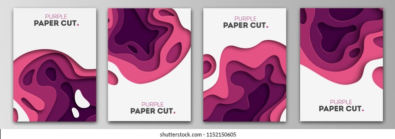 Set Banner Templates With Paper Cut Shapes. Bright Modern Abstract Design. Purple. Vector Illustration.