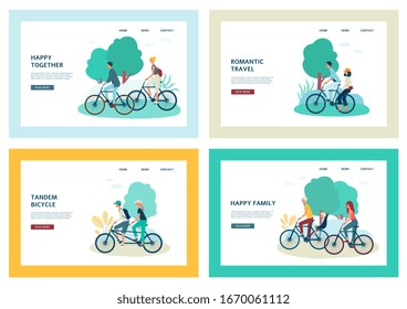 Set of banner templates with people characters riding bike, flat vector illustration isolated on white background. Active recreation and summer bicycle trips.