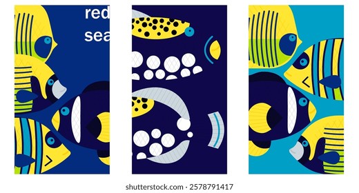 set of banner templates and posters with exotic Red Sea fish. bright geometric fish in close-up. stock vector illustration. EPS 10.