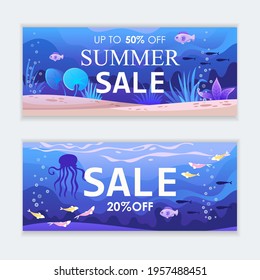 Set of banner templates with sea design for summer sale. 20 percent off. Design for poster, banner, website, flyer. Vector cartoon realistic illustration. Blue background. Underwater world, fish.