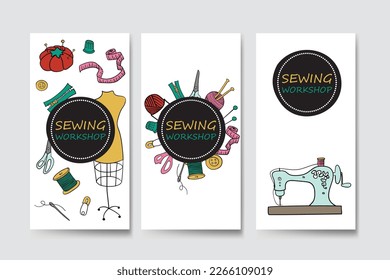Conjunto de plantillas de banner para taller de costura, diseño de moda, costura, sastrería. Máquina de coser, maniquí, incushión, hilos, tijeras. Ilustración del vector