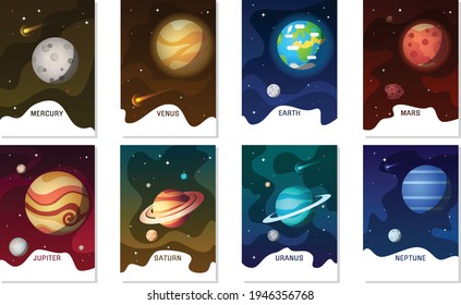 Set of banner templates Solar system planet. Mercury, venus, earth, mars, jupiter, saturn, uranus, neptune. 