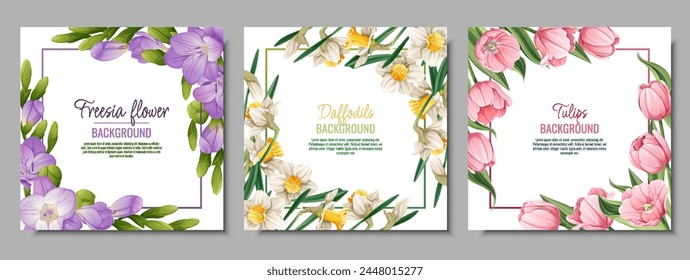 Set of banner templates with spring flowers. Postcard, poster with tulips, daffodils, freesia. Vector illustration of delicate flowers in cartoon style for card, invitation, background, etc.