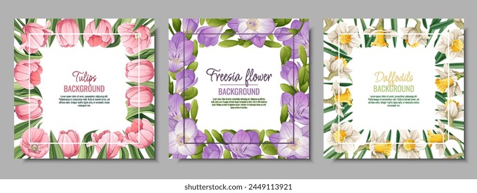 Set von Banner-Vorlagen mit Frühlingsblumen. Postkarte, Poster mit Tulpen, Narzissen, Freesie. Vektorillustration von zarten Blumen im Cartoon-Stil für Karte, Einladung, Hintergrund, etc.