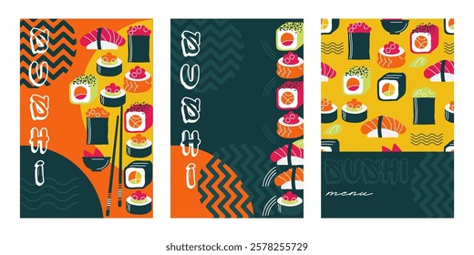 set of banner templates for a sushi bar. geometric bright design with elements of Chinese cuisine and wavy lines in black, orange and yellow colors. stock vector illustration. EPS 10.