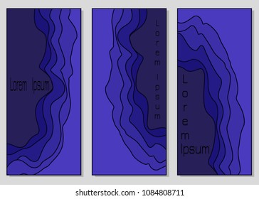 Set of banner templates with voluminous abstract wave pattern in bright blue colors. Vector drawing for design of invitations, advertising, business cards, web banner.