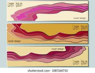 Set of banner templates with voluminous abstract wave pattern in pink, yellow, violet colors. Vector drawing for design of invitations, advertising, business cards, web banner.