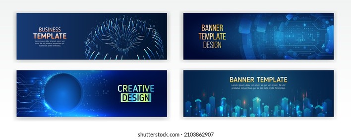 Set banner templates for websites. Abstract social media cover design. Horizontal header web background. High tech design with technological elements. Science and digital technology concept. 